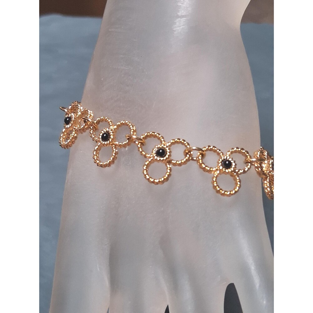Vintage Monet Black Flower Bracelet Gold Tone